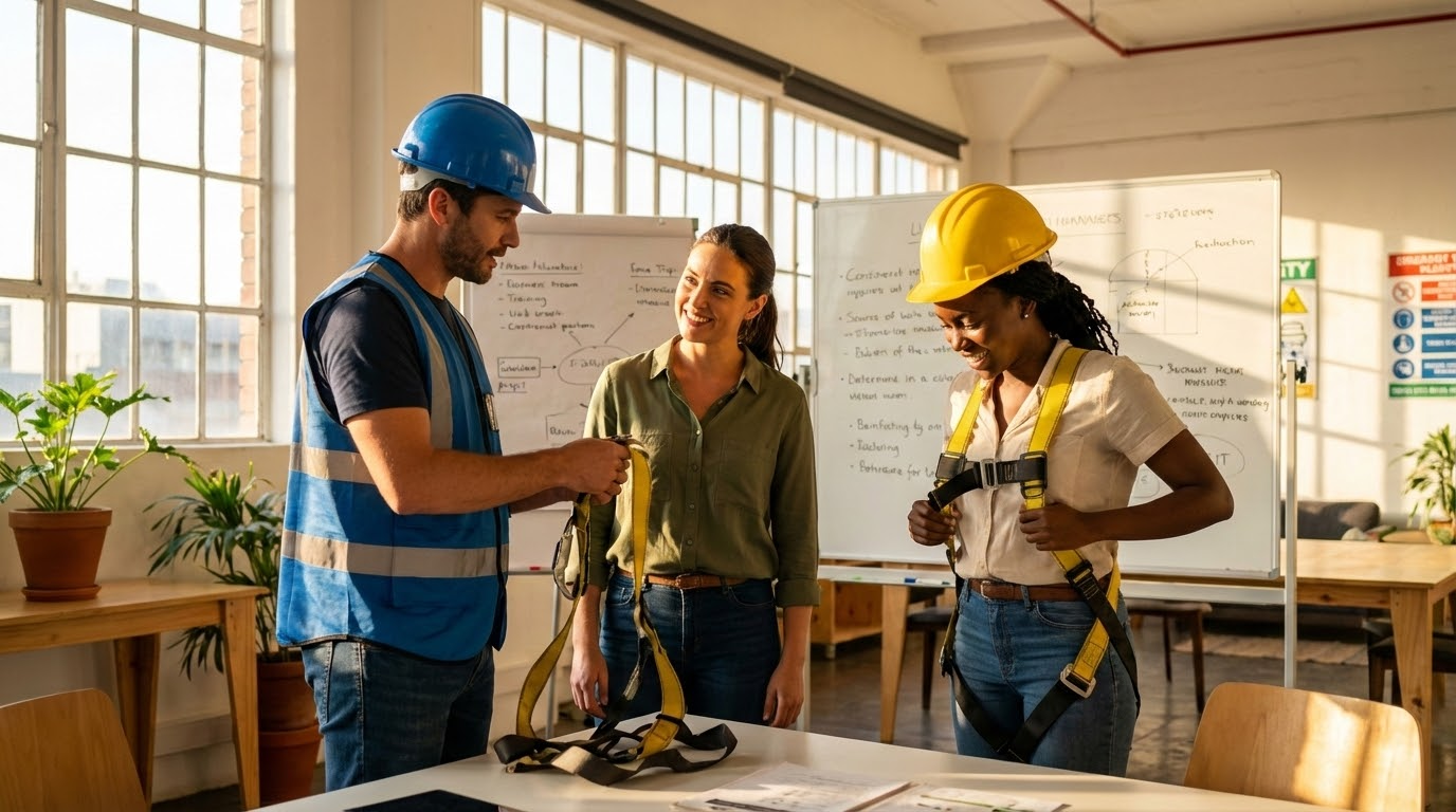 ภาพประกอบแสดงกลุ่มพนักงานที่มีความหลากหลายในห้องอบรมสมัยใหม่ กำลังเรียนรู้การใช้สายรัดความปลอดภัย