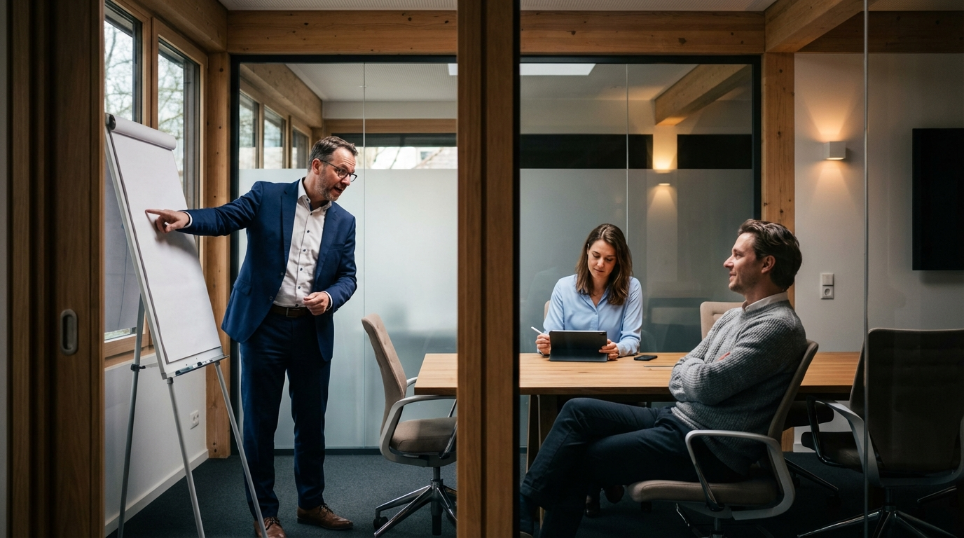 ภาพประกอบแสดงกลุ่มผู้เชี่ยวชาญสามคนกำลังพูดคุยเกี่ยวกับการเลือกหลักสูตรอบรมคปอในห้องประชุมที่ทันสมัย