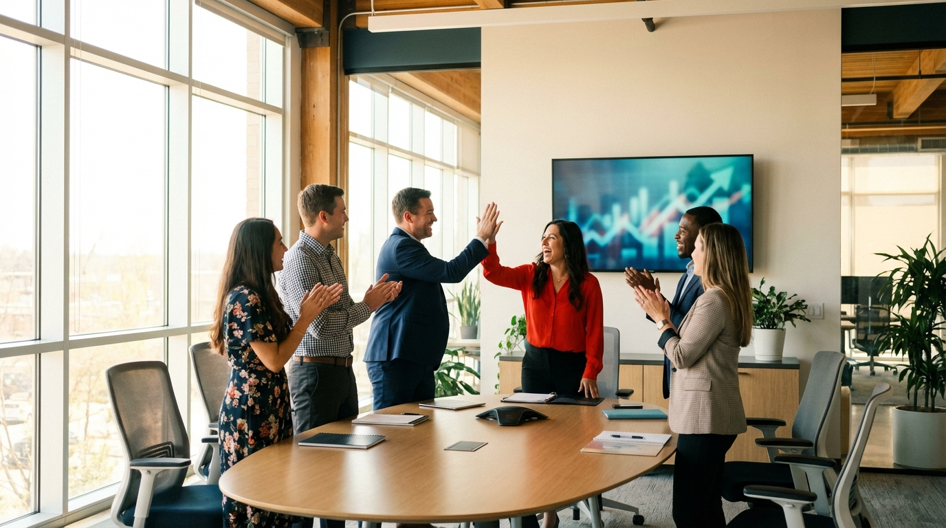 ภาพประกอบแสดงกลุ่มมืออาชีพ 5 คนฉลองความสำเร็จในห้องประชุมทันสมัยหลังการอบรม