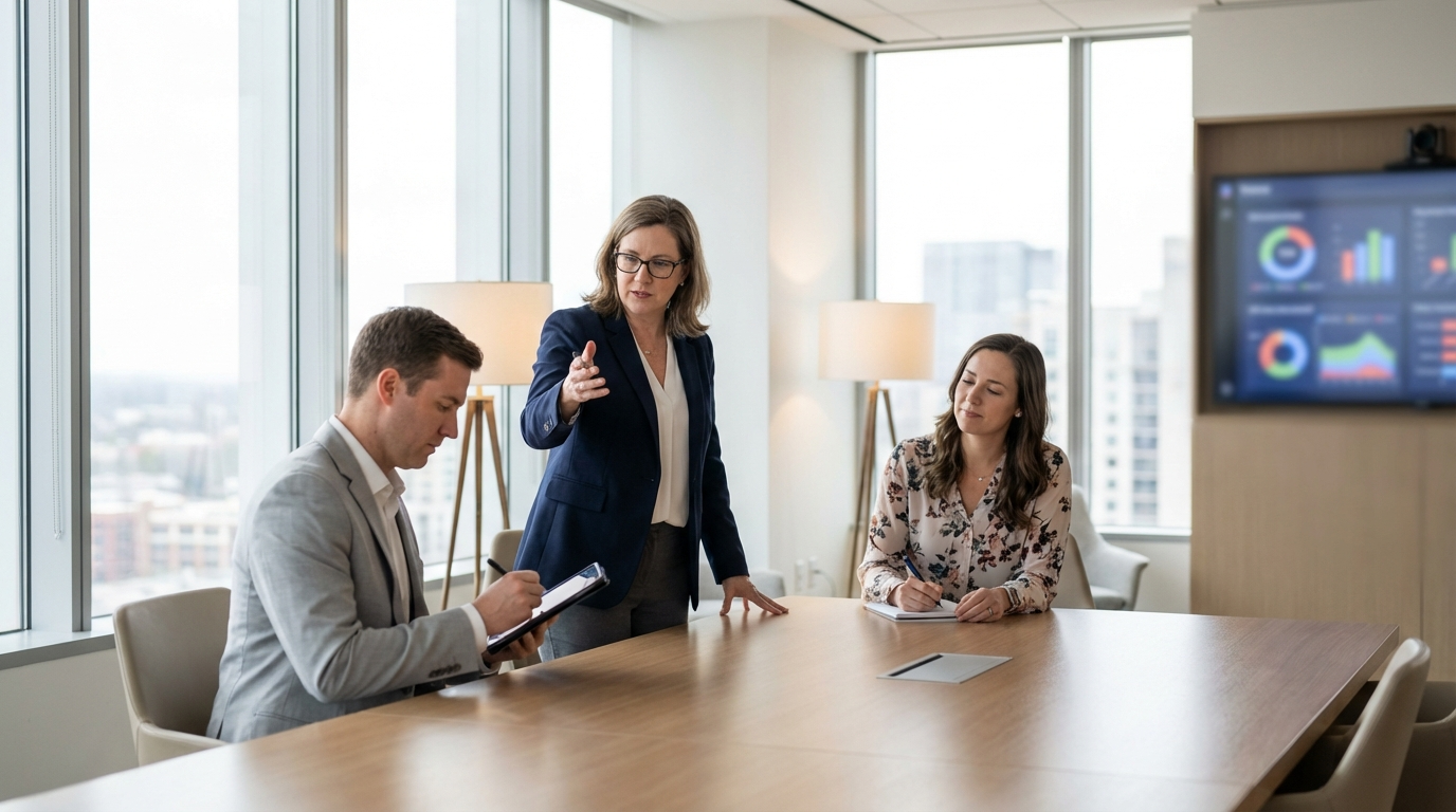 ภาพประกอบแสดงกลุ่มผู้เชี่ยวชาญในห้องประชุมสมัยใหม่ กำลังนำเสนอข้อมูลด้วยกราฟฟิกสีสันสดใสบนจอใหญ่