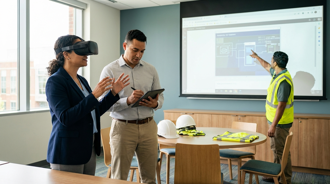 ภาพประกอบแสดงกลุ่มมืออาชีพสามคนในห้องอบรมที่ทันสมัย, กำลังเรียนรู้การฝึกอบรมความปลอดภัยด้วย VR.