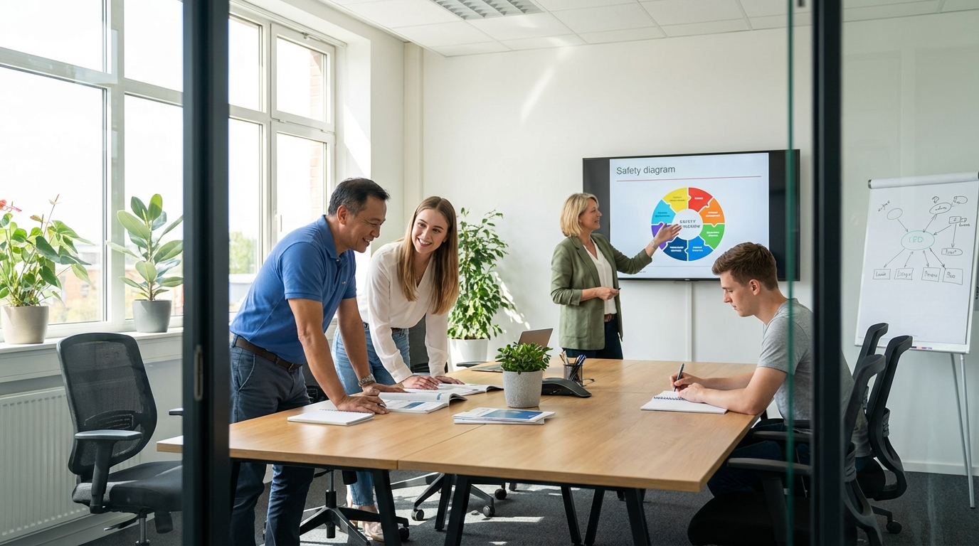 ภาพประกอบแสดงกลุ่มผู้เข้าร่วมอบรมความปลอดภัยที่มีความหลากหลาย ตั้งอยู่ในห้องอบรมที่ทันสมัย