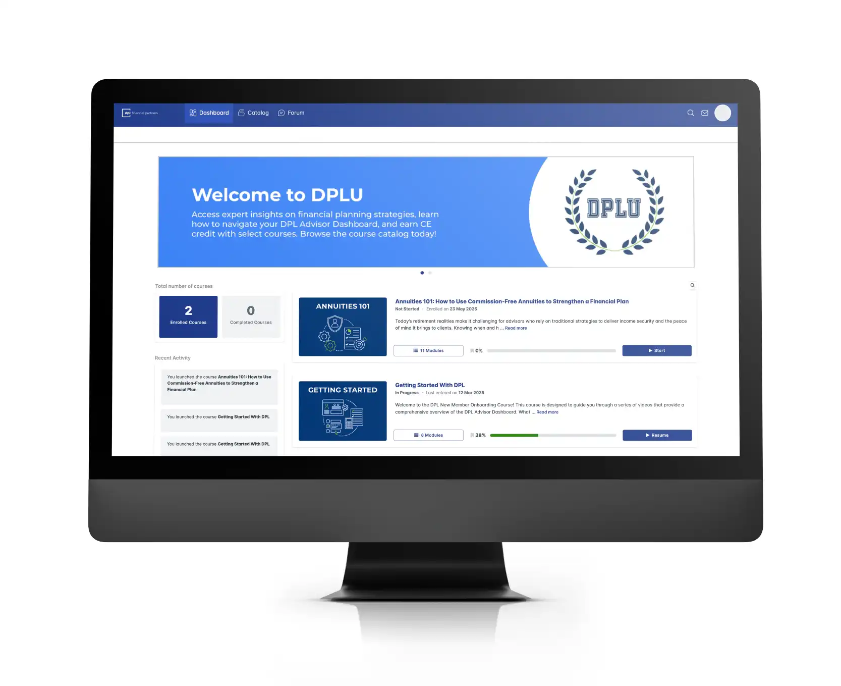 Mockup of the DPL University (DPLU) educational platform for financial advisors