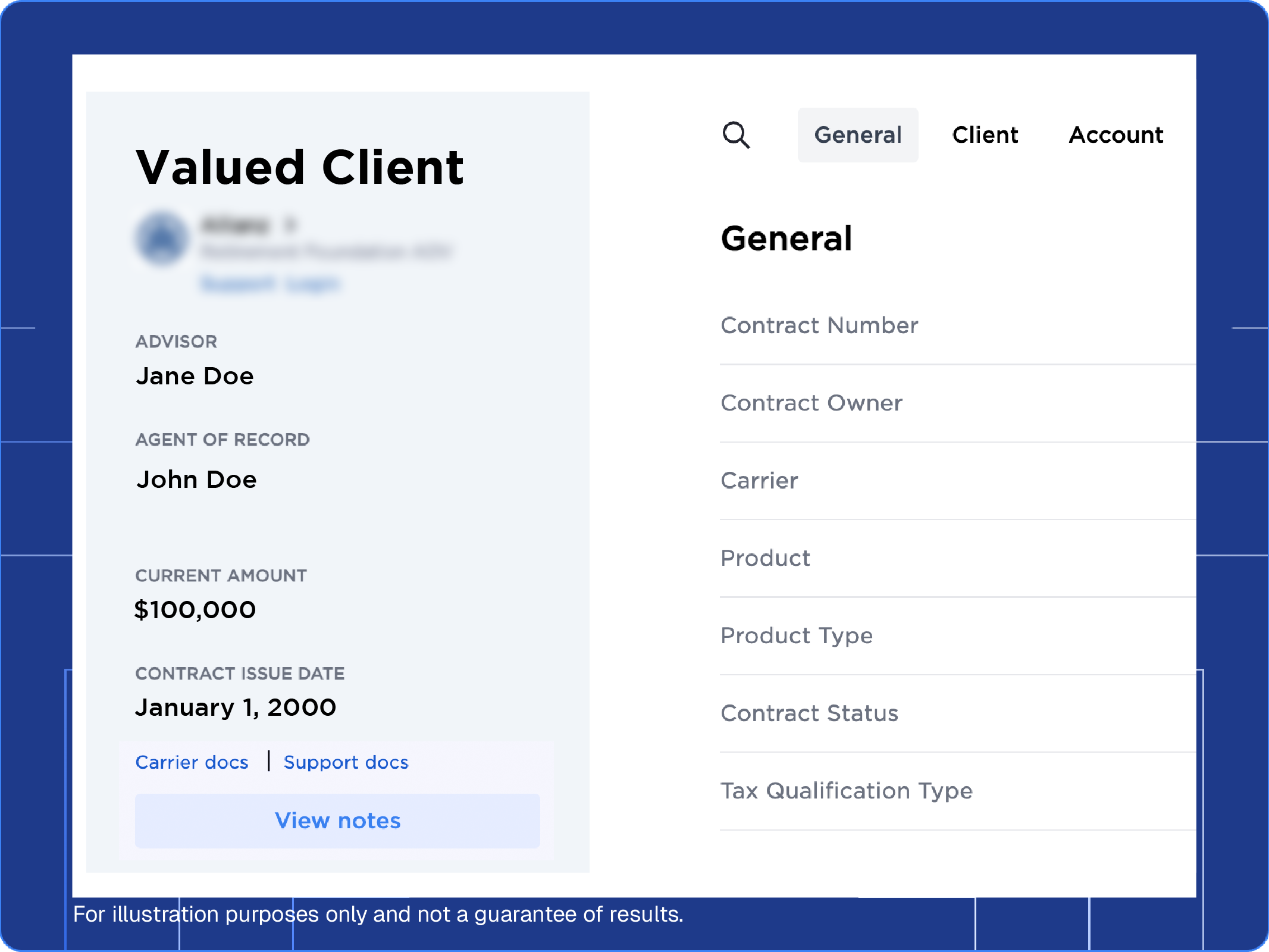 DPLFP Advisors client profile showing contract details and general account info.