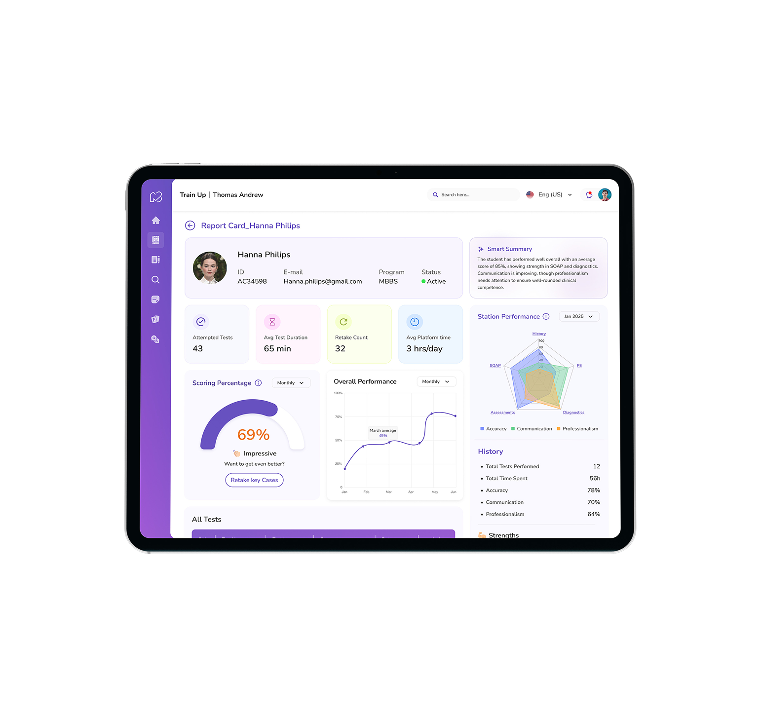 Digital student report card on a tablet screen