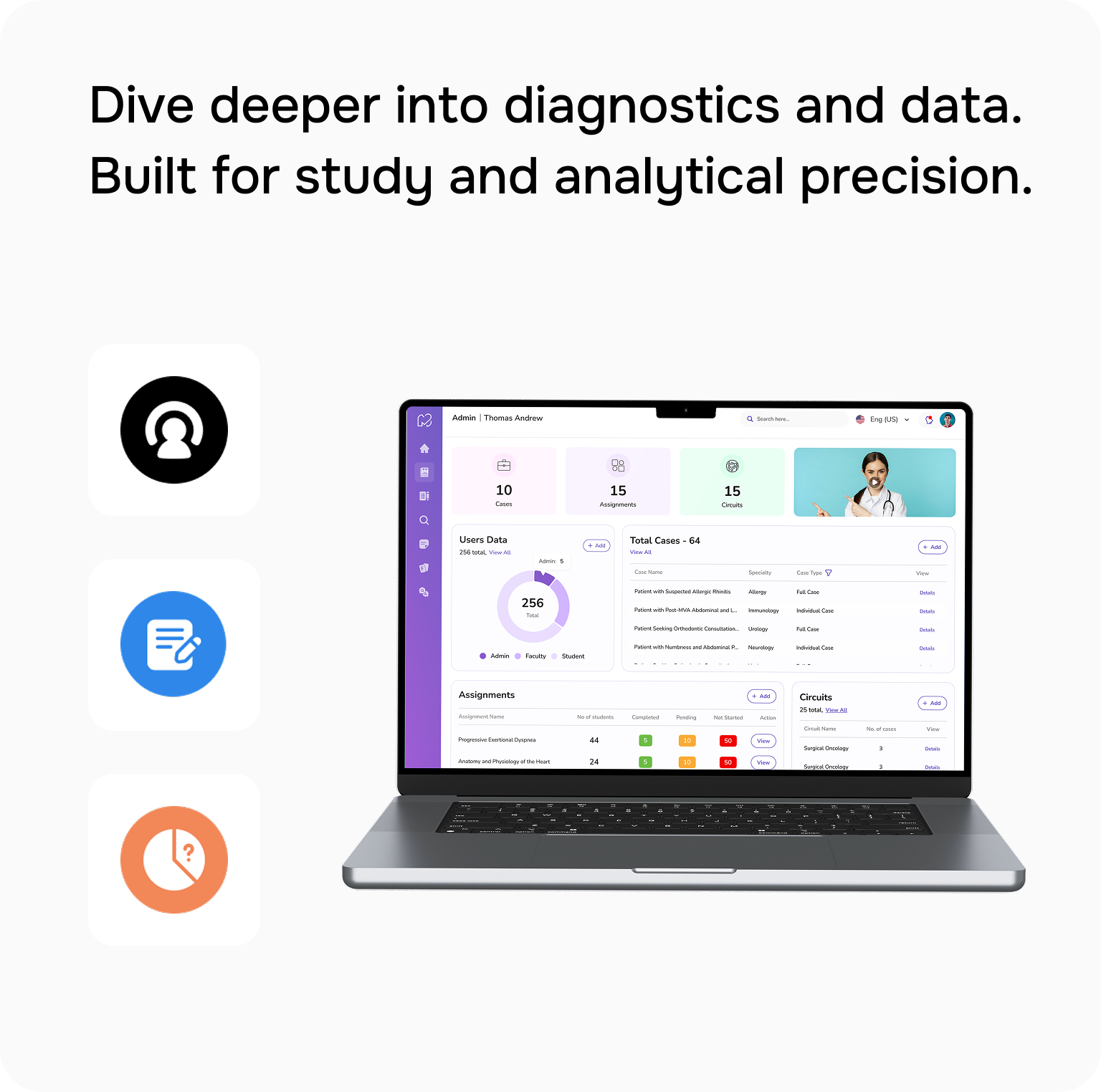 Laptop displaying a diagnostic and data dashboard with user data