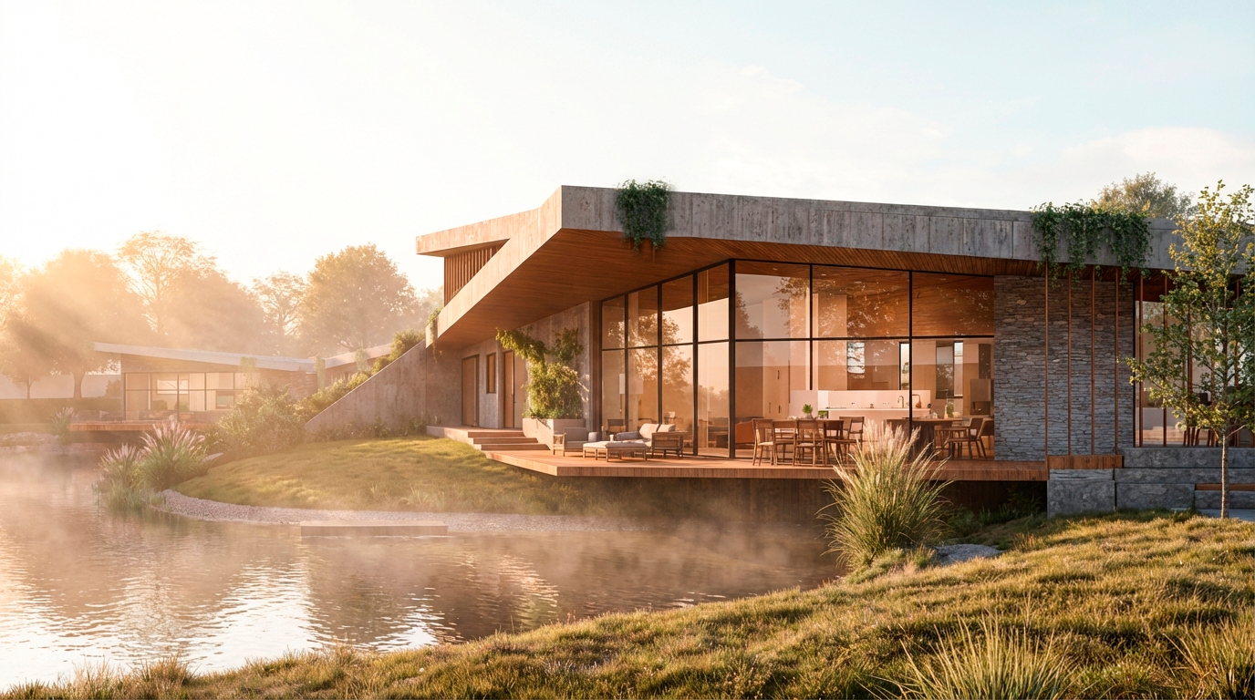 Haus 1 der Häuser am See im bei Sonnenaufgang im Hintergrund Haus 2