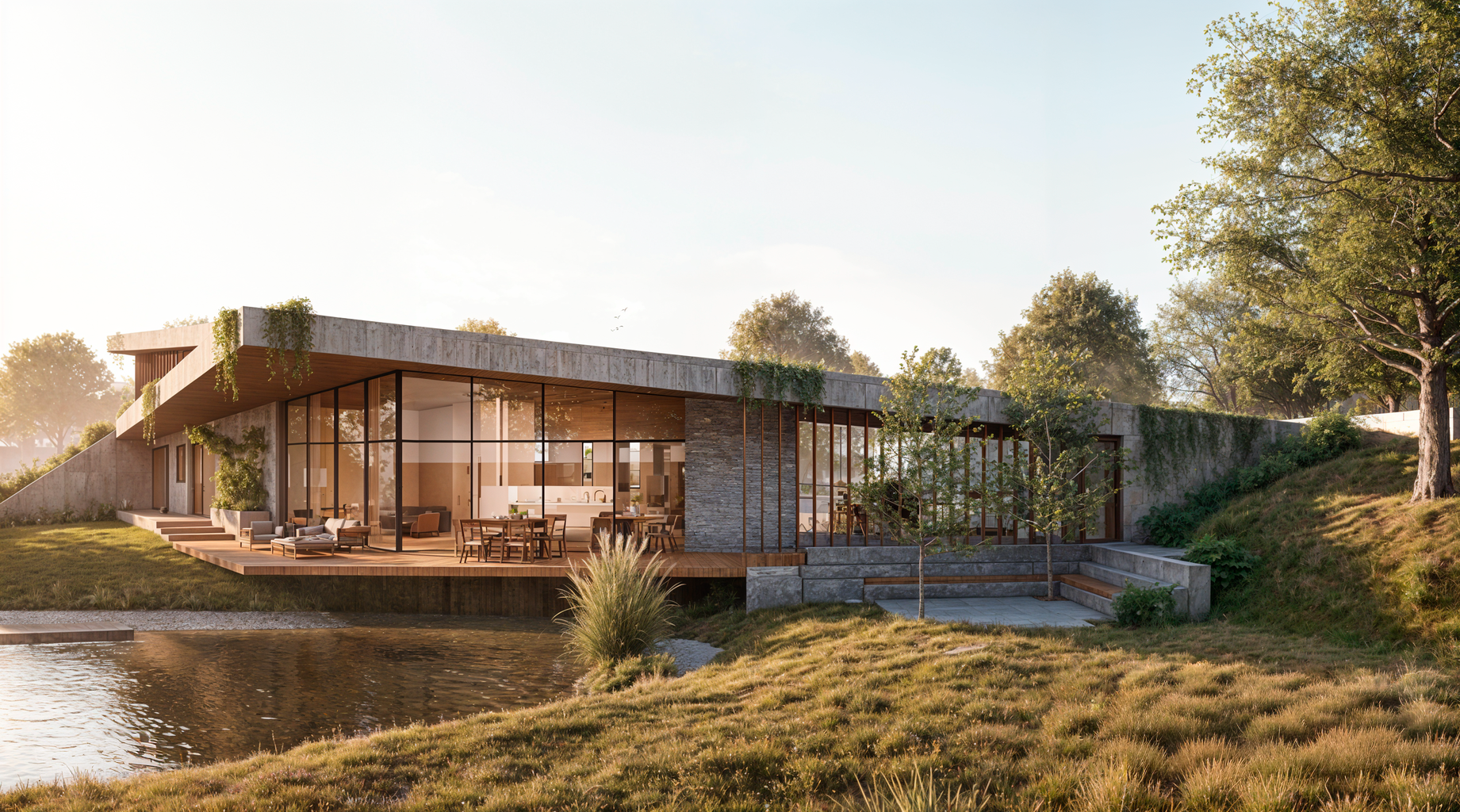 Haus 1 der Häuser am See mit auskragender Terrasse und Vordach