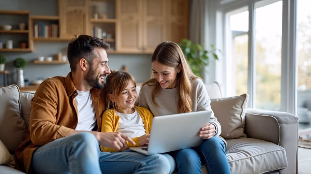 Glückliche Familie mit Vater, Mutter und Tochter, die zusammen auf einem Sofa sitzen und einen Laptop benutzen.