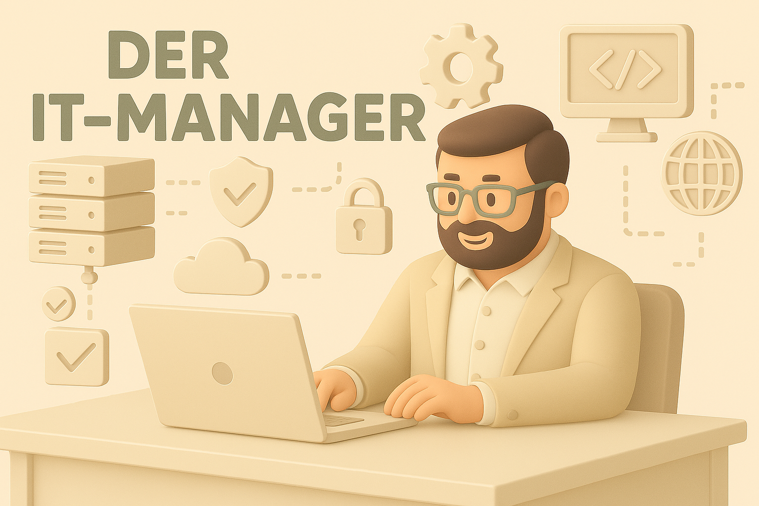 Illustration eines IT-Managers am Laptop, Symbolbild für IT-Management, Projektsteuerung und IT-Infrastruktur – genutzt für IT Personalvermittlung in Norddeutschland.