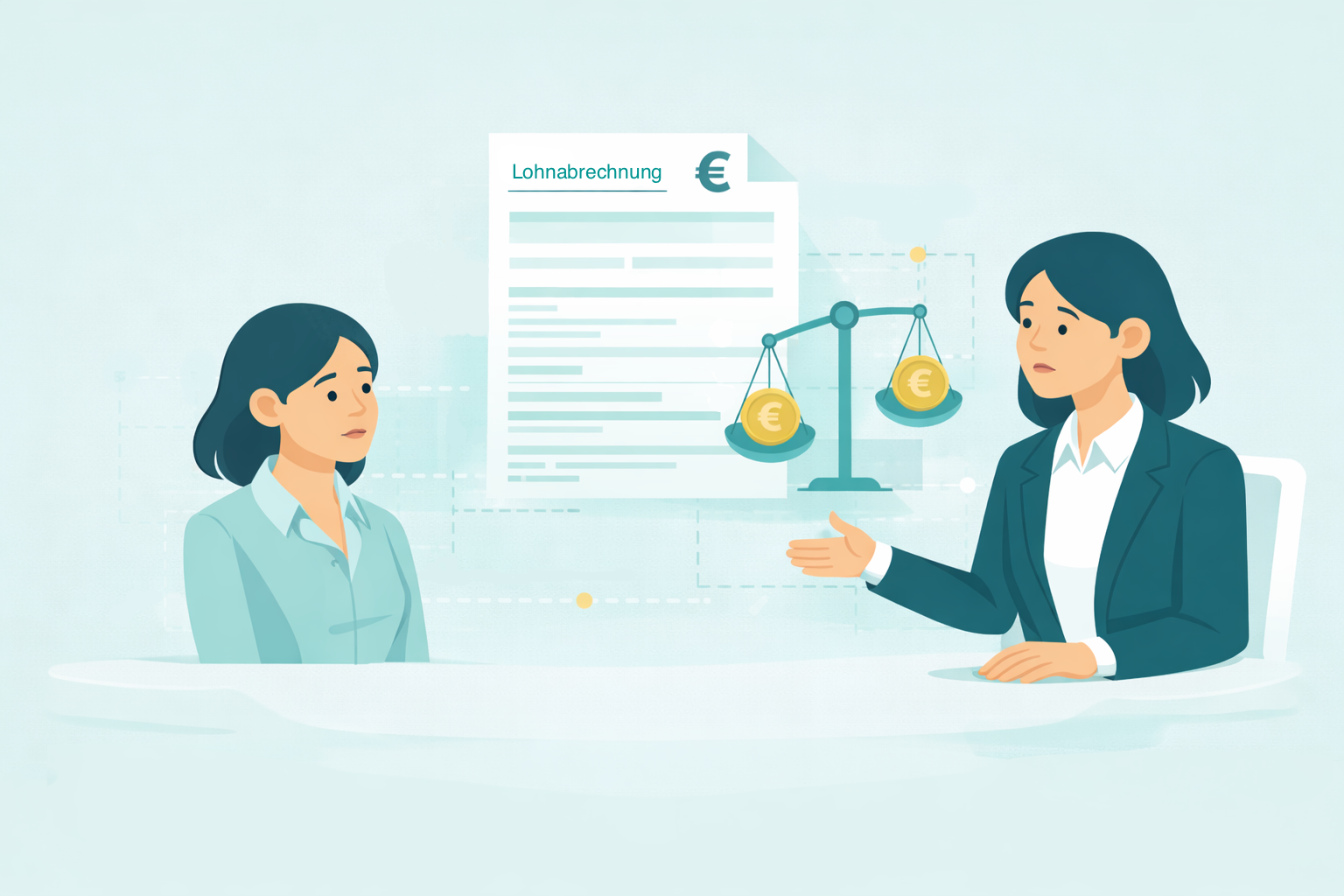 Arbeitgeber und Arbeitnehmer unterhalten sich über Lohnabrechnung, Entgelttransparenzrichtlinie