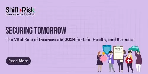 Illustration representing the insurance landscape in 2024, featuring life, health, and business elements intertwined with technological advancements for a secure future.