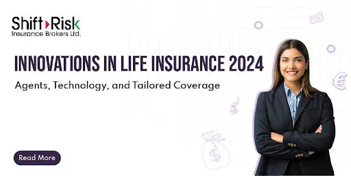 A life insurance agent guiding a client through digital innovations. Text overlay: 'Innovations in Life Insurance 2024: Navigating Change with Experts.'