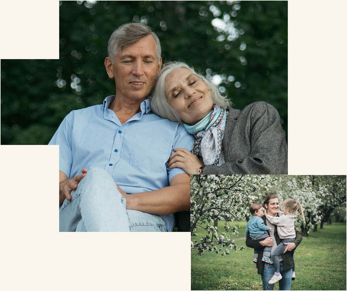 Gemenskap mellan generationer i grönskande parkmiljö.