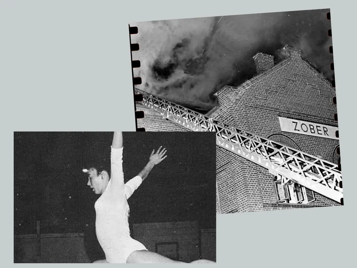 Arkivbilder av brand på Zobers hus och gymnastikuppvisning i Limhamn.