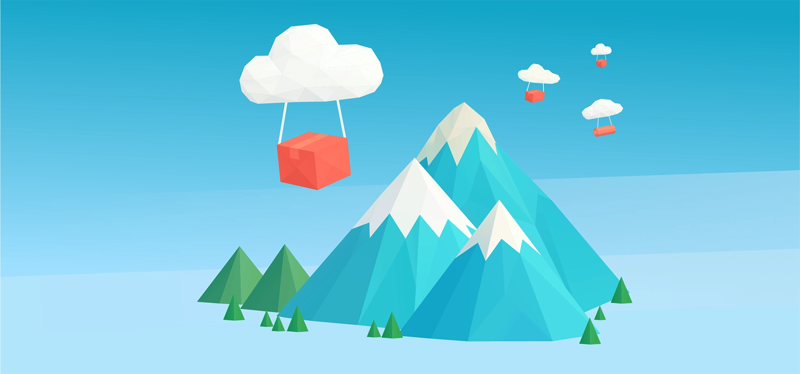 Illustration of a cloud carrying a box over high mountains, symbolising enterprise-level fulfilment capacity