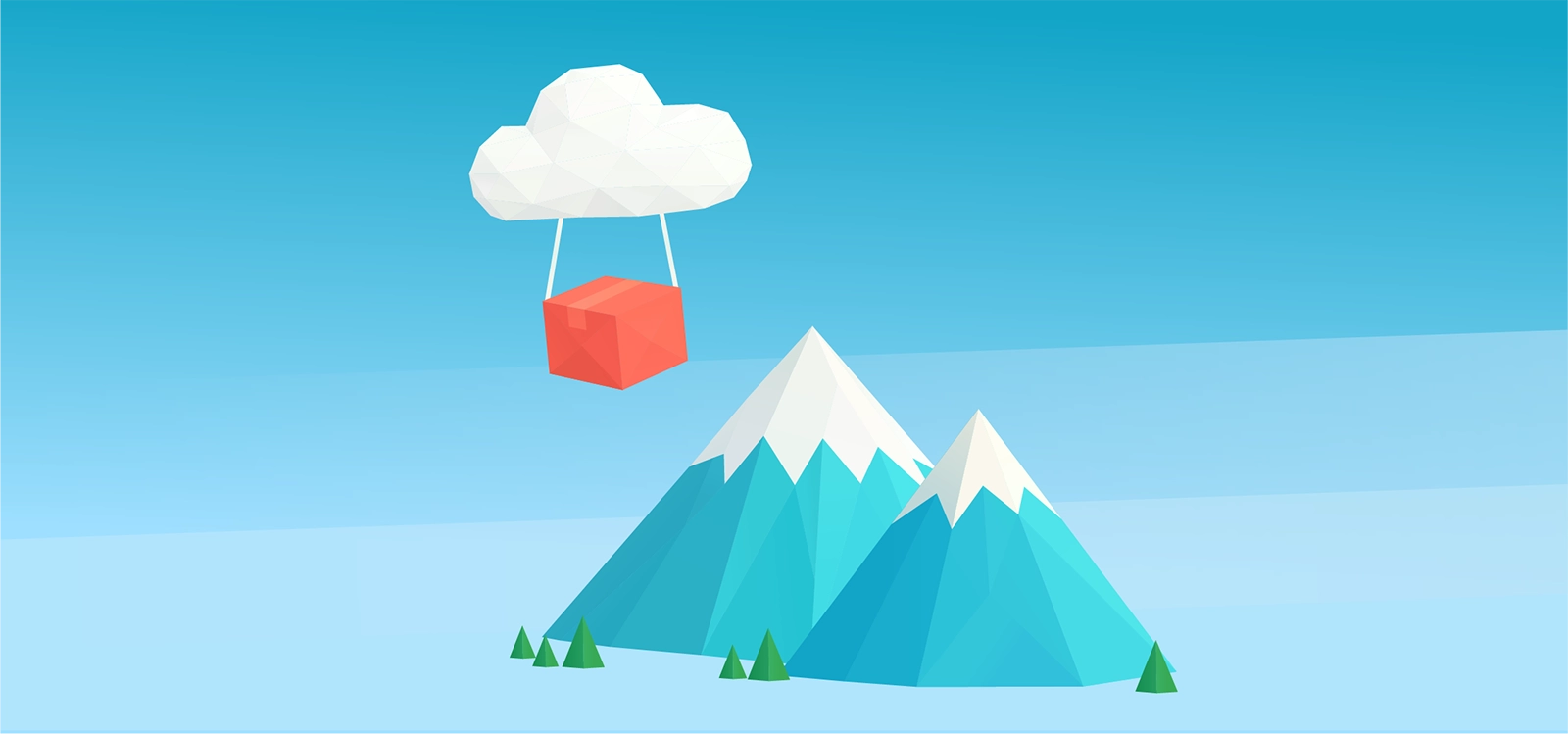 Illustration of a cloud carrying a box over mountains, representing scalable ecommerce fulfilment