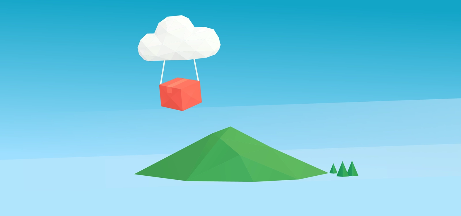 Illustration of a delivery box hanging from a cloud above hills, symbolising startup fulfilment services