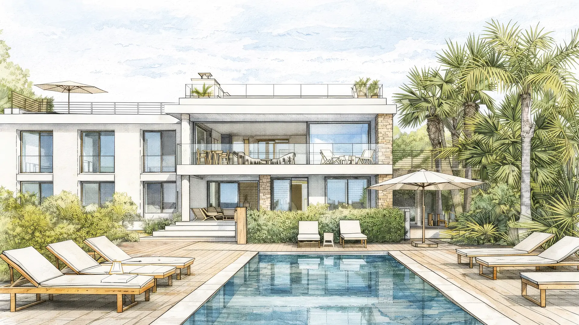 Vue extérieure dessiné au crayon de la villa l'île verte, piscine miroir , chaises longues et parasols, entourée de palmiers et de végétation.