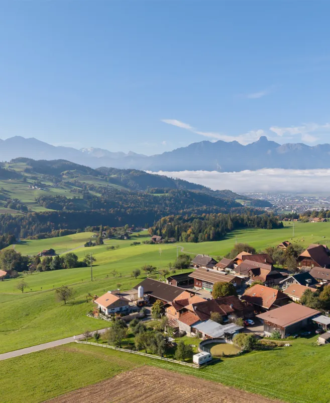 Drohnenaufnahme von Fahrni Richtung Thun mit den Bergen im Hintergrund