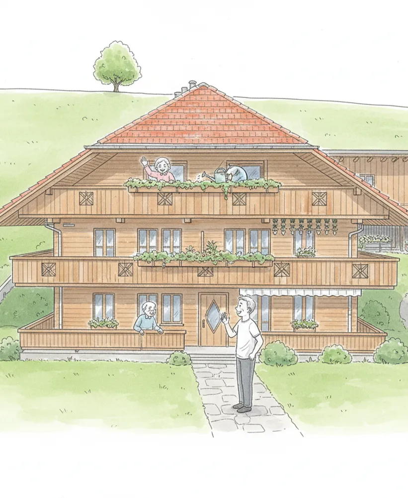 Man steht vor einem Haus aus Holz und redet mit einer älteren Frau auf dem obersten Balkon. Unten auf der Terrasse steht auch noch ein älterer Mann.