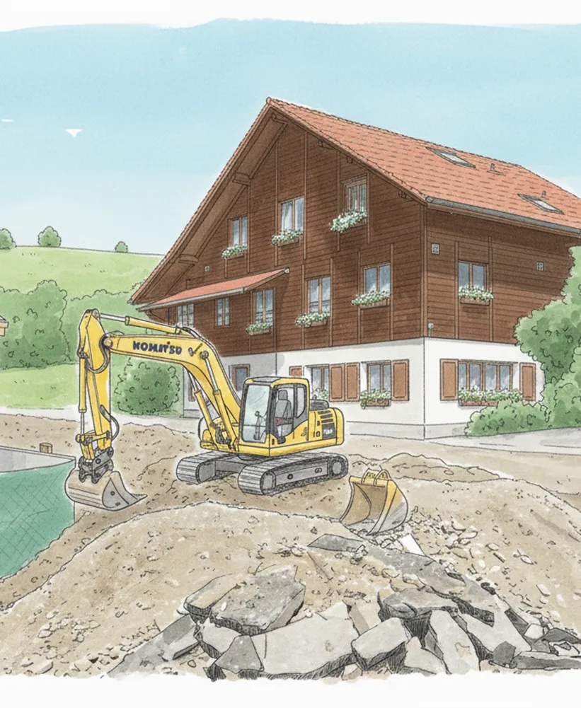 Ein schönes Holzhaus im Hintergrund mit Blumen geschmückt. Im Vordergrund ein Bagger, der einen Aushub macht.