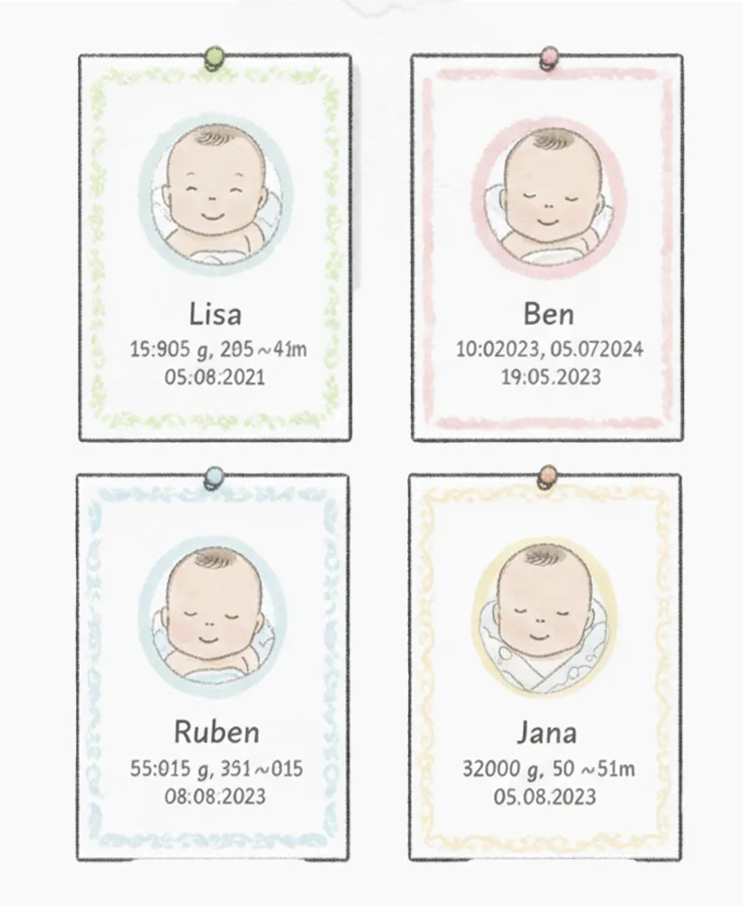 Eine Wand mit vier Bildern von Babys mit den Namen Lisa, Ben, Ruben, Jana