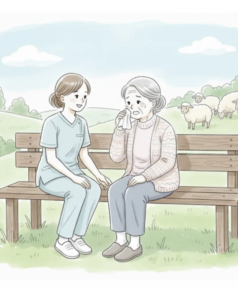 Eine Pflegerin sitzt fürsorglich auf einer Bank mit einer älteren Frau die weint. 