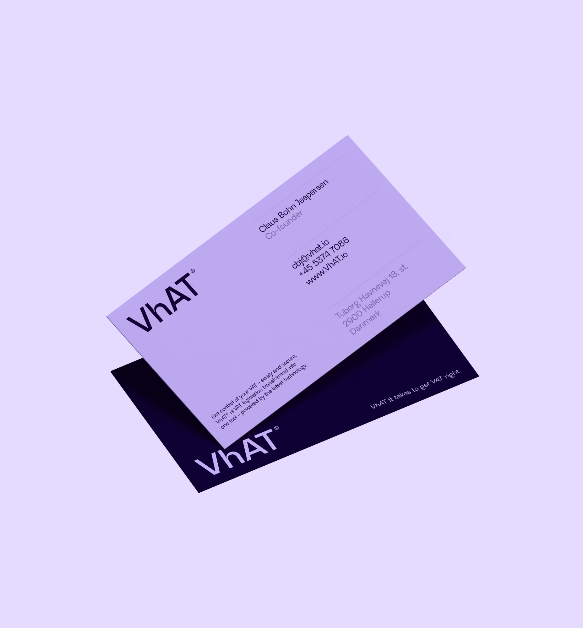 To stablede visitkort for VhAT, co-founder, inklusiv e-mail, telefonnummer, hjemmeside og virksomhedsadresse i Danmark.