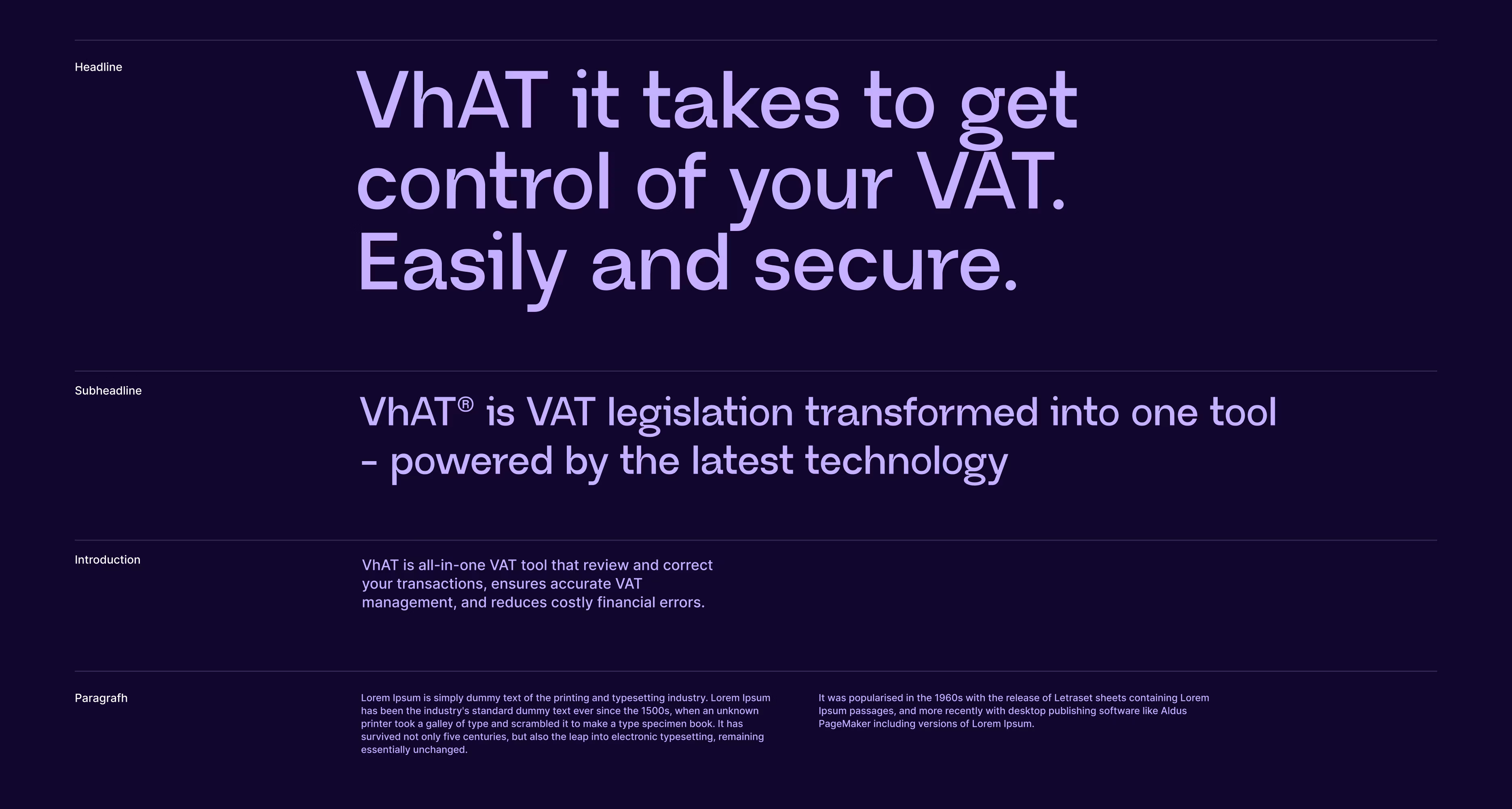 Tekstlayout på mørk baggrund med teksten "VhAT it takes to get control of your VAT. Easily and secure." efterfulgt af underrubrik, introduktion og brødtekst om VhAT momsværktøj og Lorem Ipsum.