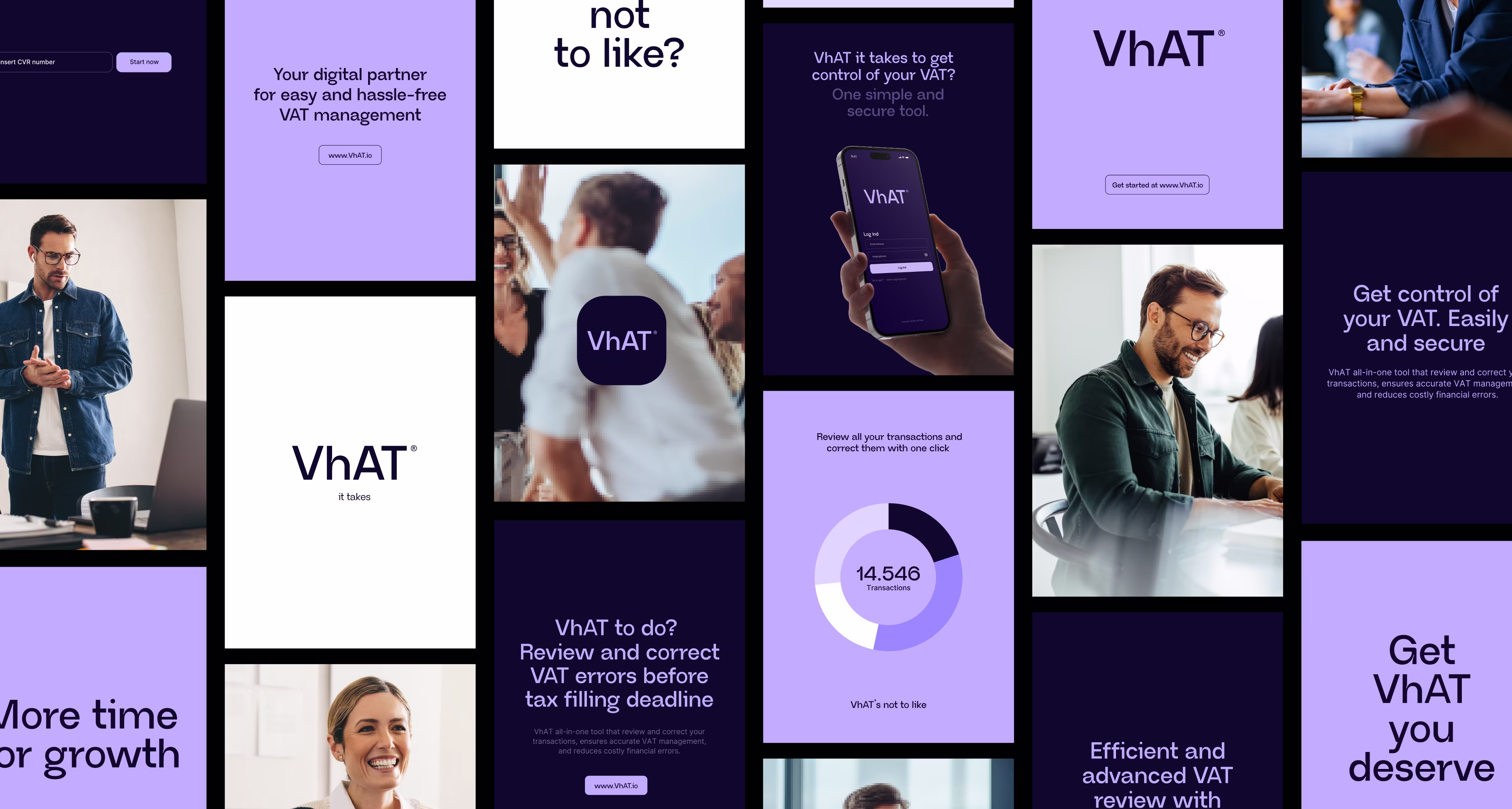 Collage af VhAT-branding med arbejdende og smilende personer, app-interface på mobil og tekst der promoverer nem og sikker momshåndtering.