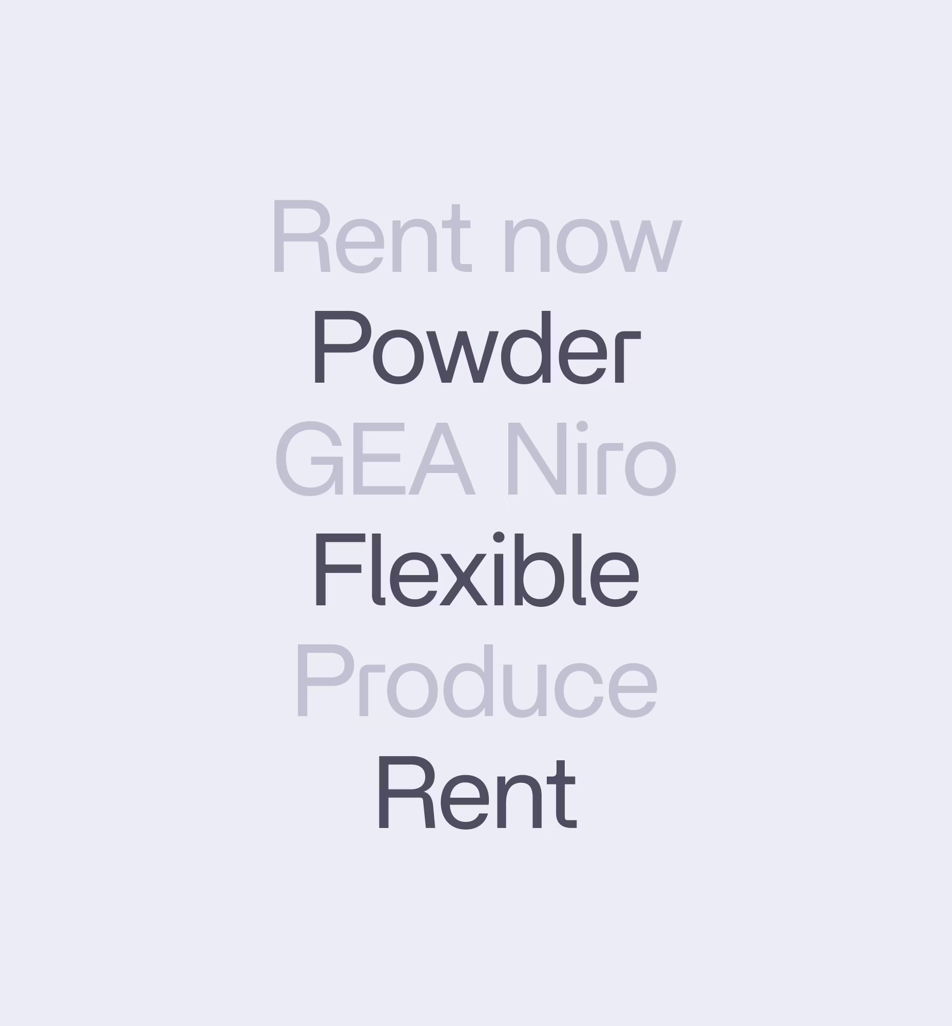 Tekst med ordene Rent now, Powder, GEA Niro, Flexible, Produce og Rent i forskellige grå nuancer på lys baggrund.