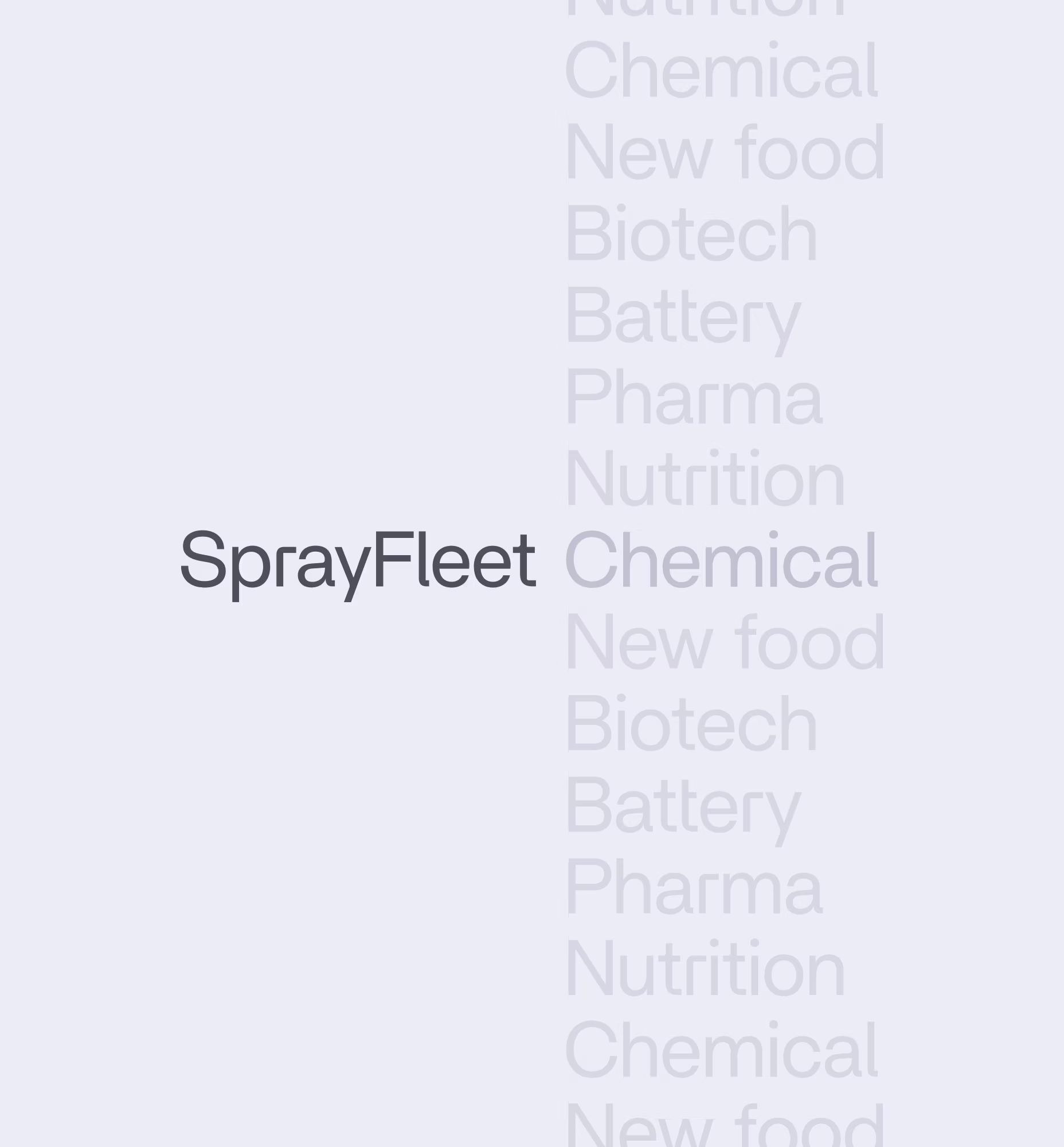 SprayFleet-logo med svagt gentagne brancheord i baggrunden: Nutrition, Chemical, New food, Biotech, Battery, Pharma.