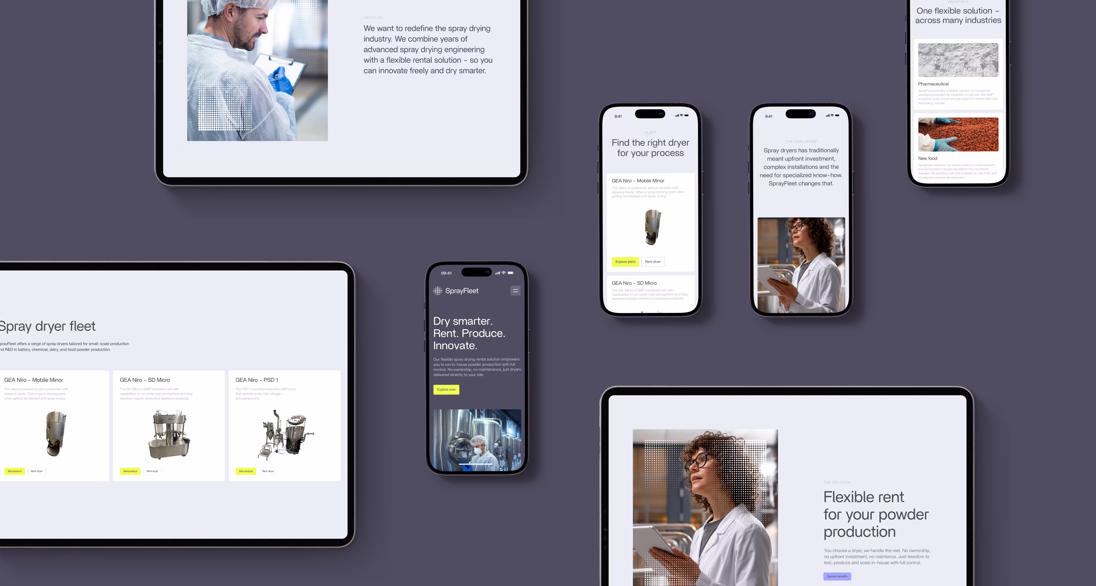Digitale enheder der viser SprayFleet-platform med spraytørrer-flådevalg, produktdetaljer og fleksible udlejningsinformationer.