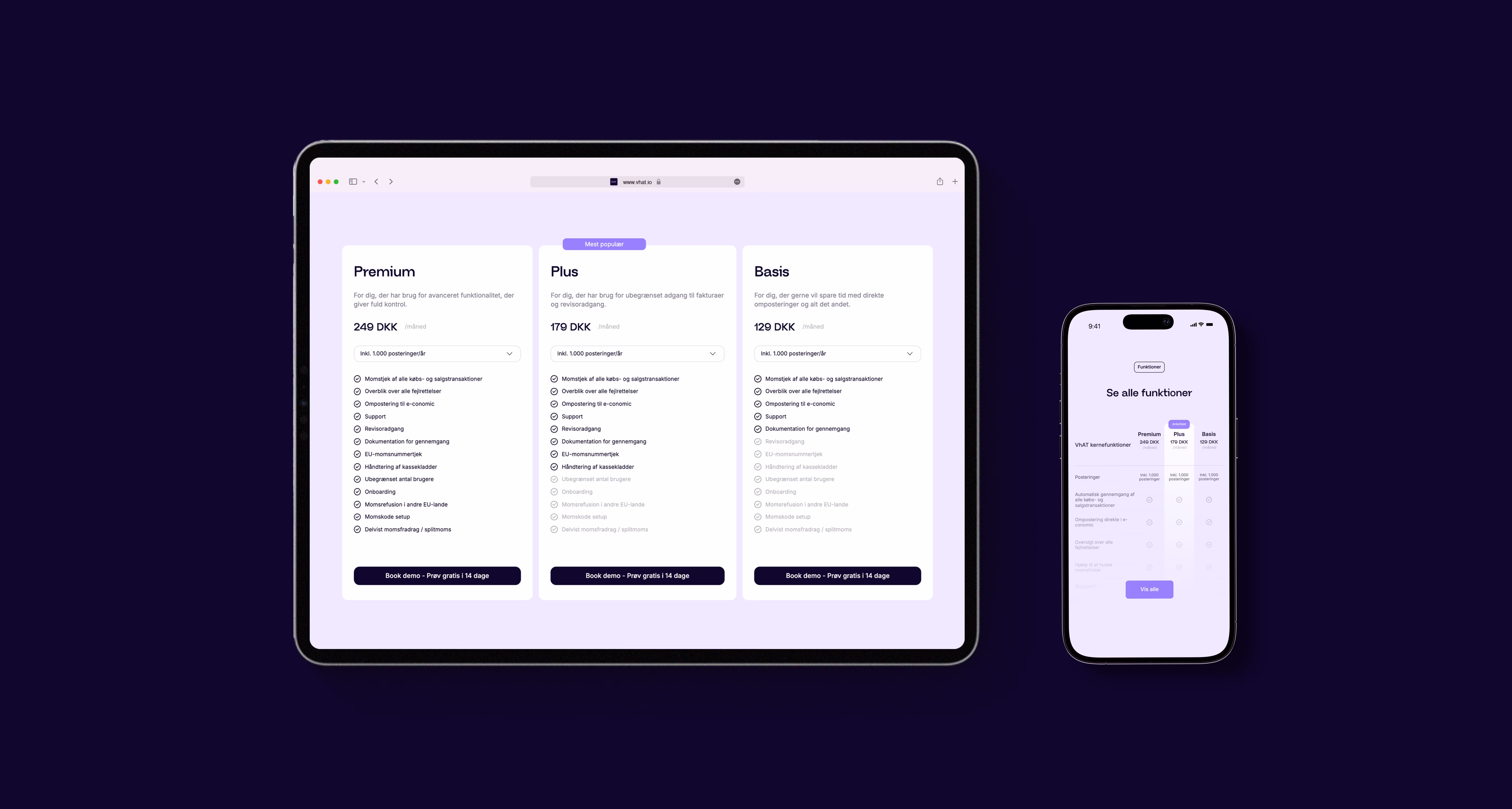 Collage af VhAT-branding med arbejdende og smilende personer, app-interface på mobil og tekst der promoverer nem og sikker momshåndtering.