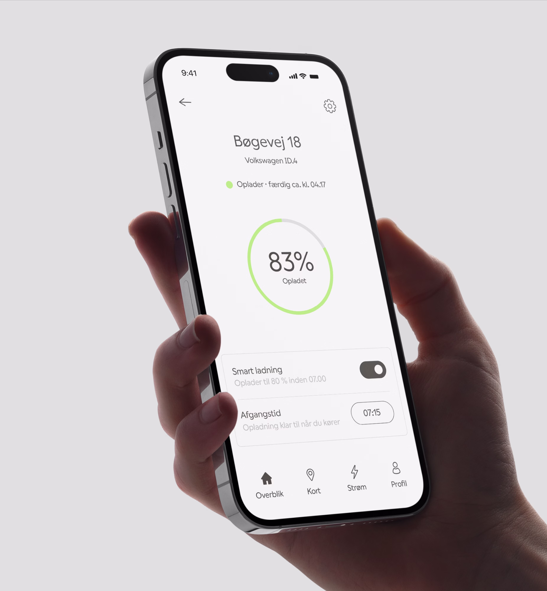 Smartphone der viser Strømly Home produktside med sort enhedsbillede og grønne call-to-action knapper.