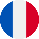 Circular icon of the French flag with vertical blue, white, and red stripes.