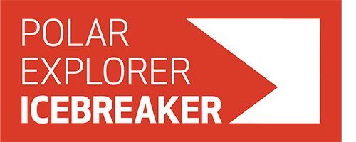 Logo with text 'Polar Explorer Icebreaker' in white on a red background, with a white geometric arrow shape pointing right.