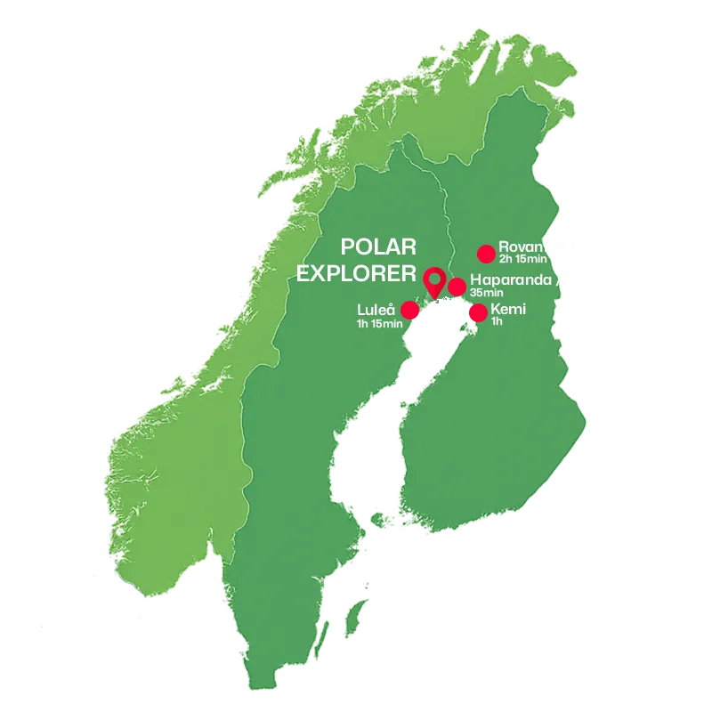 Map of northern Scandinavia highlighting Polar Explorer region with red markers on Rovaniemi, Haparanda, Kemi, and Luleå showing travel times between locations.