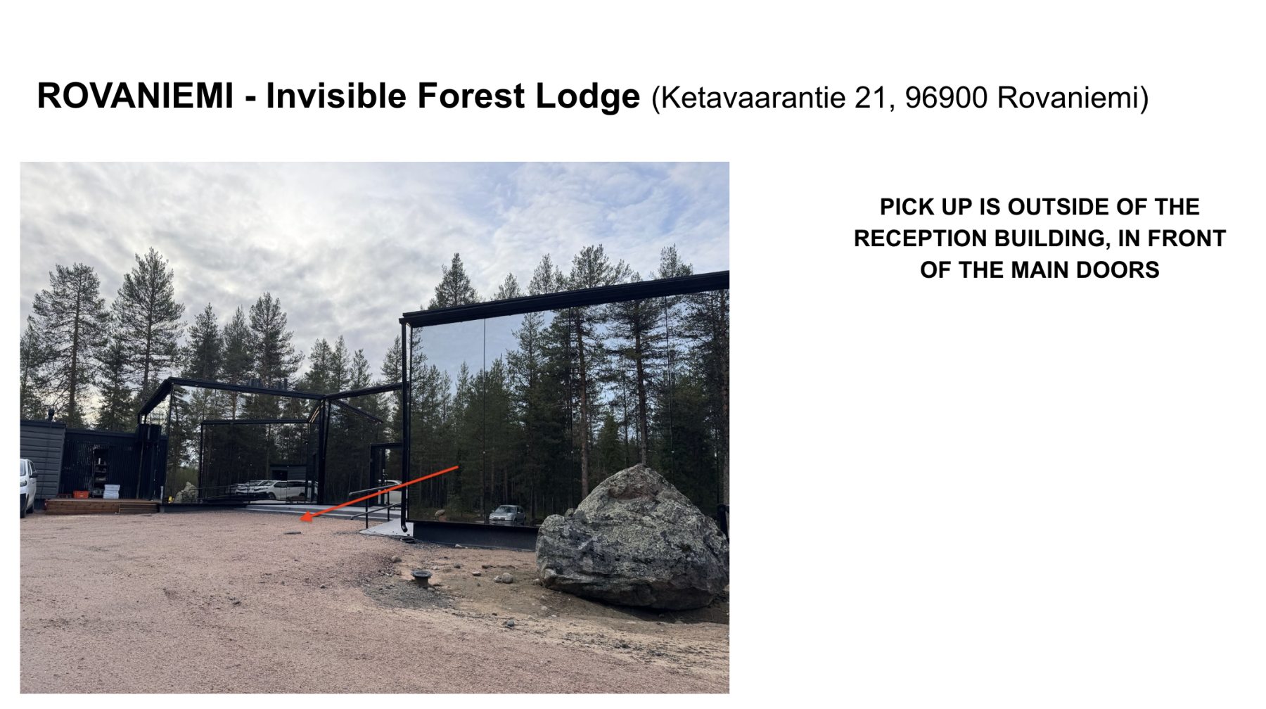 Modern invisible forest lodge with black-framed mirrored glass walls reflecting surrounding pine trees and a large rock in front.
