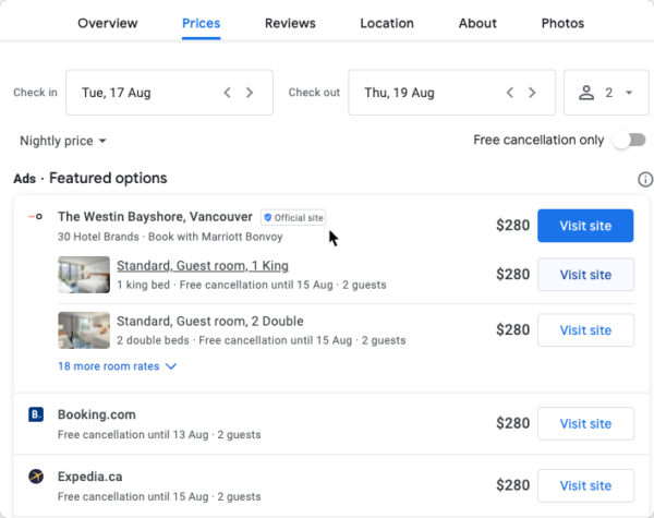 Screenshot of how google Things to do works for transport and tour operators
