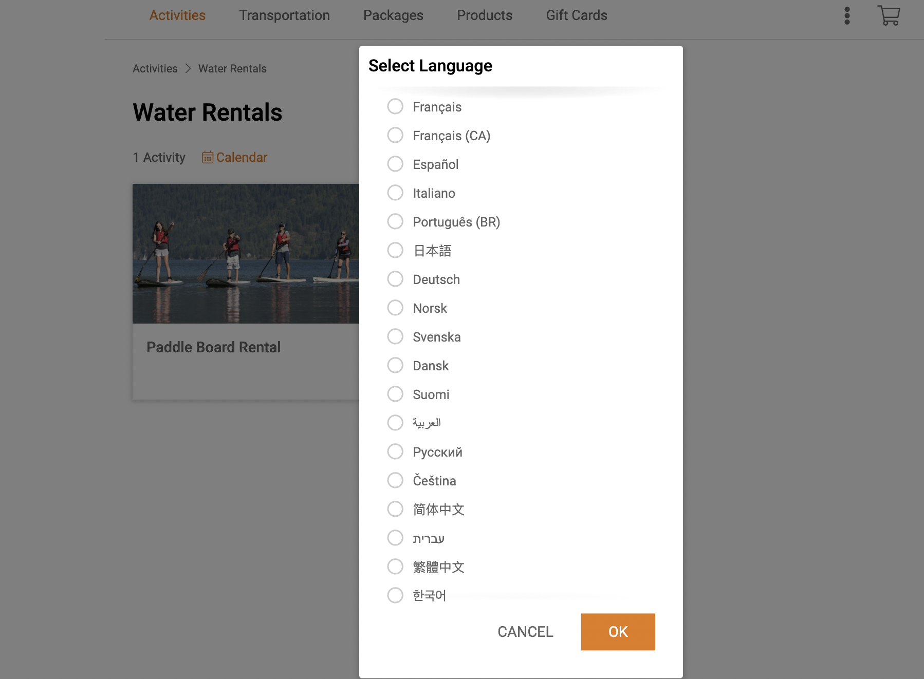 A screenshot of multi-language feature from Zaui online reservation system for tour and activity operators