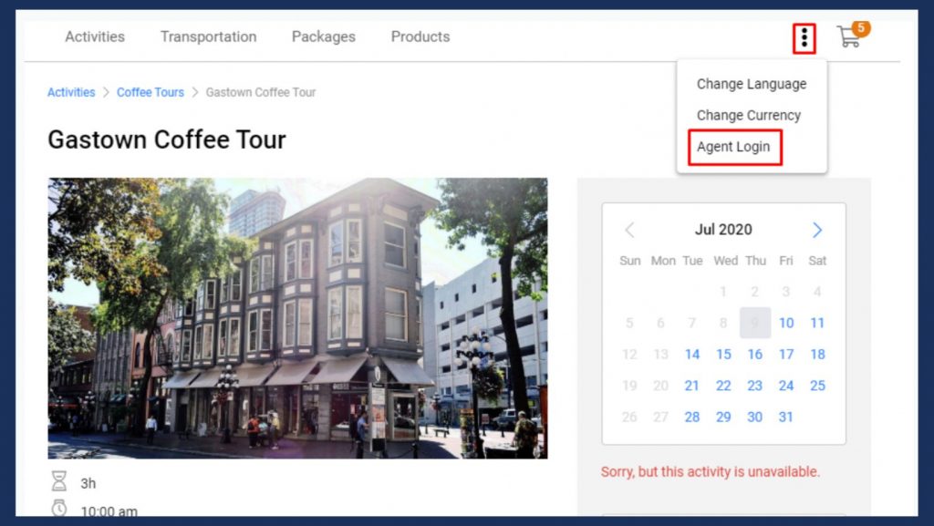 Screenshot of online booking engine of Zaui Agent login for activity and tour operators