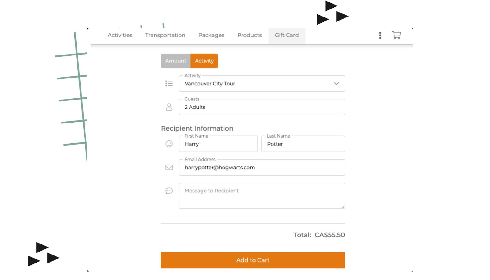 an example of activity gift card used by tour and transport operators for guests