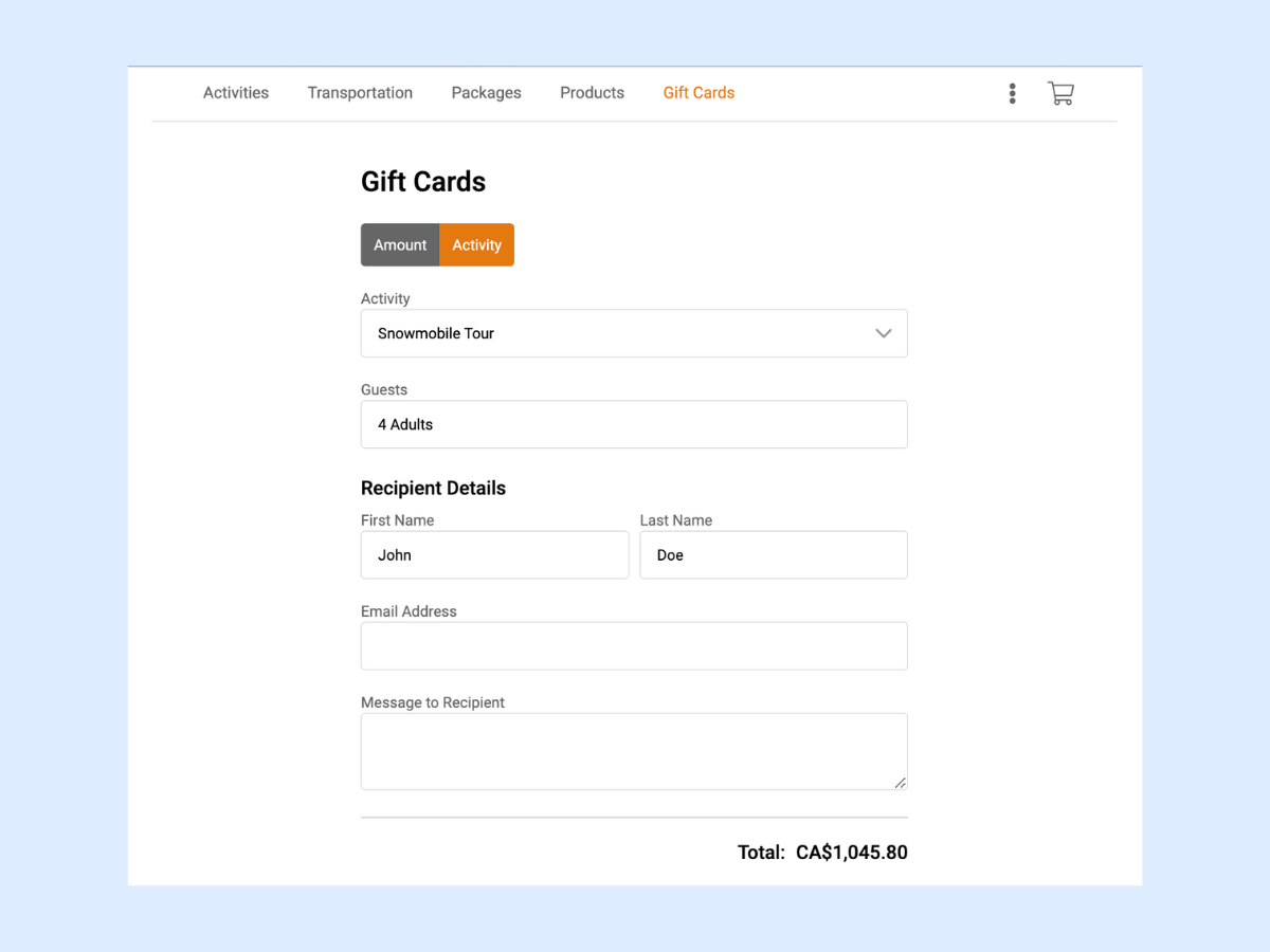 A screenshot of Gift Card feature on Zaui Online Reservation System for tour operators