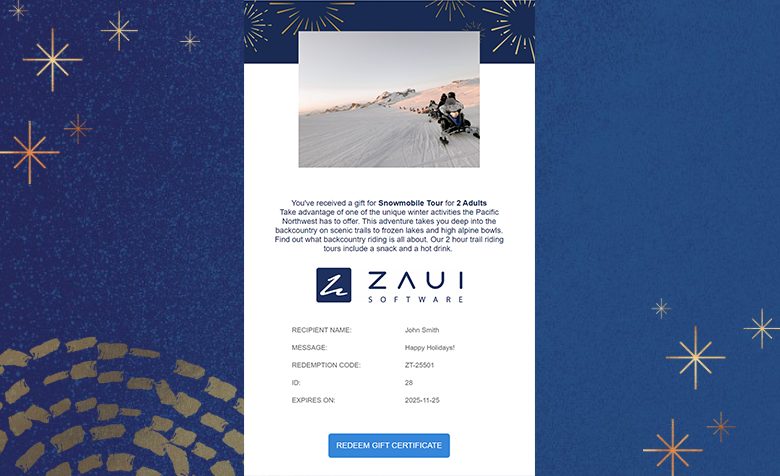 an example of Zaui gift certificates feature for tour and activity operators