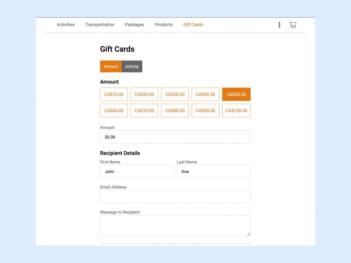 A screenshot of Activity Gift Card feature on Zaui Online Booking System for tour operators