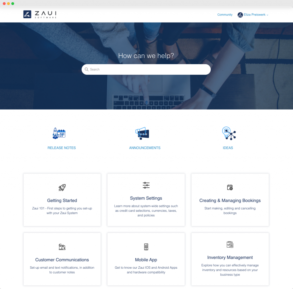 A screenshot of the knowledge base of the Zaui online booking system