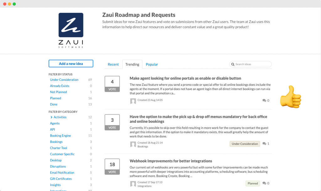 A screenshot of Zaui roadmap and requests page