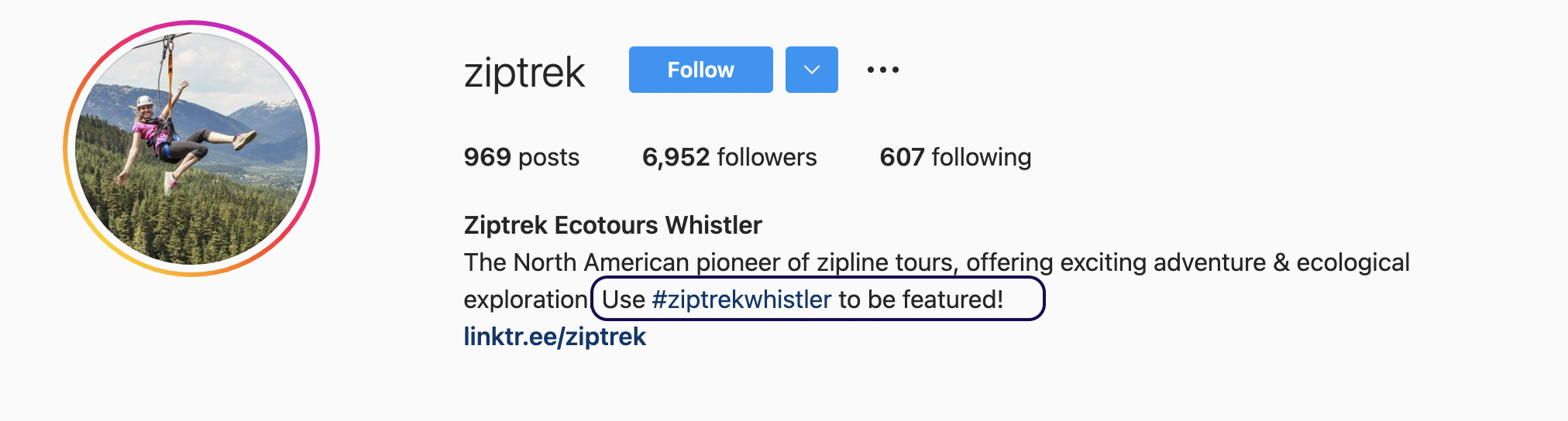 A screenshot showing how a tour and activity operator requesting its guests to use a specific hashtag to make the best use of UGC